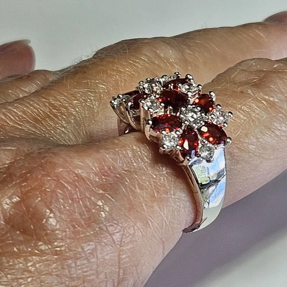 Sterling Silver Orange & Clear Rhinestone Flower Ring Sz 7.5